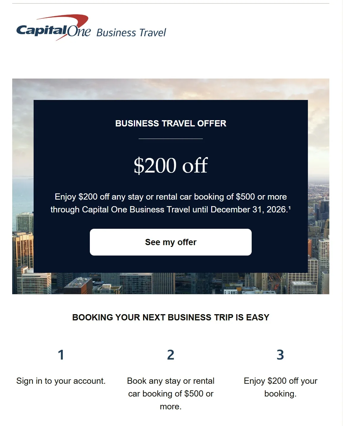 Capital One Business Travel offers $200 discount on $500 bookings